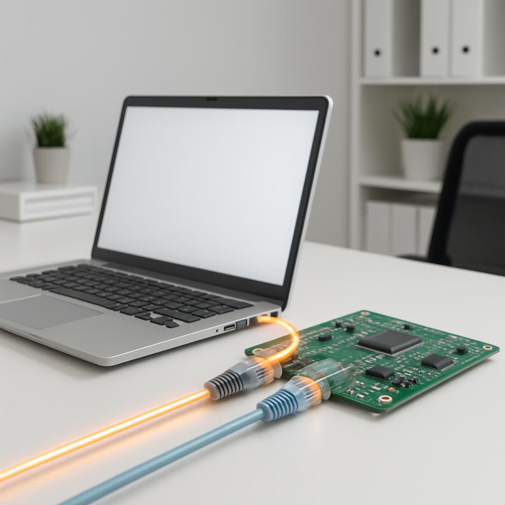 A laptop computer sits on a table where two cables are connected to a green circuit board, with lighting streaks emerging ...