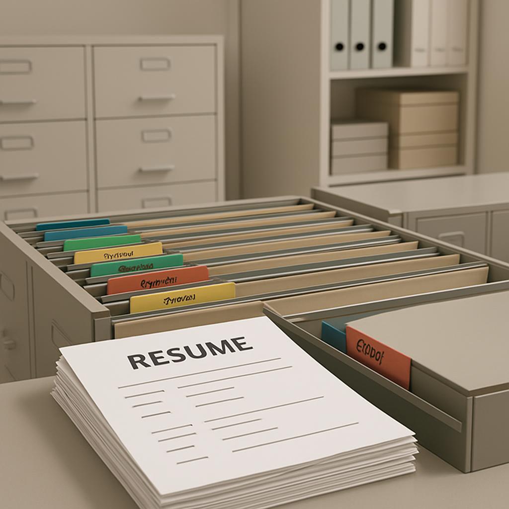 A file organizer on a desk with the top file labeled "RESUME" and containing numerous white sheets of paper. The surroundi...
