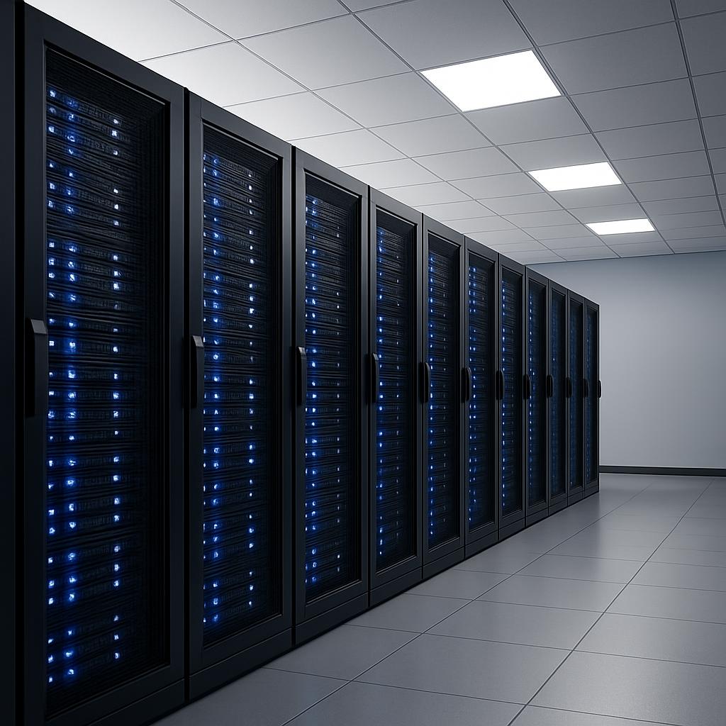 A row of black data servers in a server room with blue lights on the front and black handles; all are shrunk into the left...